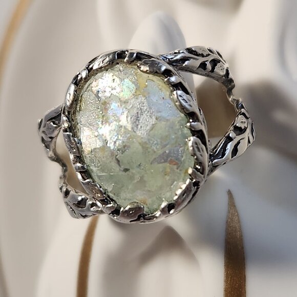 2013 Artisan Collection of Israel Roman Glass Sterling Silver Ring 30x17mm Sz 9 - Picture 2 of 16